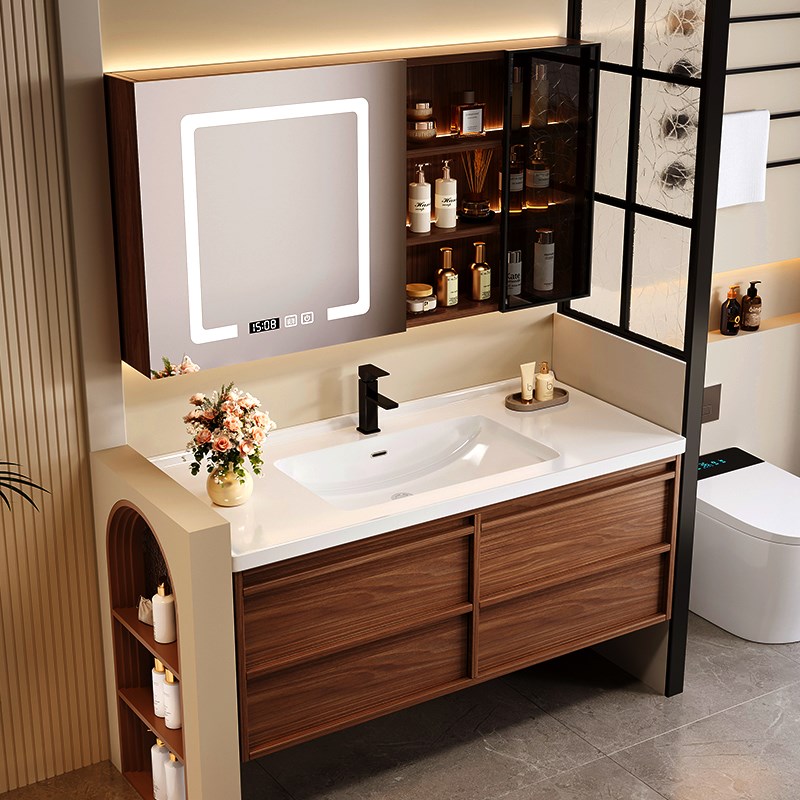 中古风陶瓷一体盆浴室柜卫生间胡桃木骨骼线洗漱台洗手盆洗脸盆柜