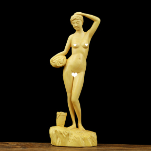 黄杨木雕像客厅家居摆饰实木人物美女雕刻工艺礼品摆饰裸女沐浴归