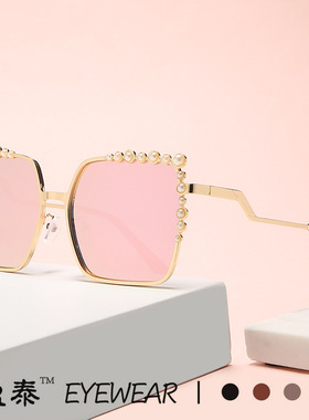 2023新款F家装饰珍珠太阳镜 欧美潮流网红时尚大框镶钻方形墨镜
