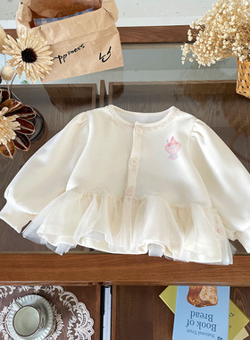 【现货】QW252135女童外套2025秋季新款韩版卡通印花网纱时髦上衣