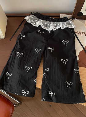 CK259010女童童裤2025春季新款韩版蕾丝边拼接休闲蝴蝶结宽松裤子