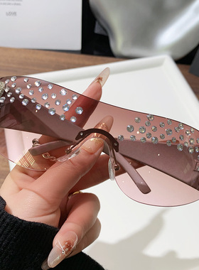 新款时尚手工点钻女士大框太阳镜无框钻石墨镜女时尚方框太阳眼镜