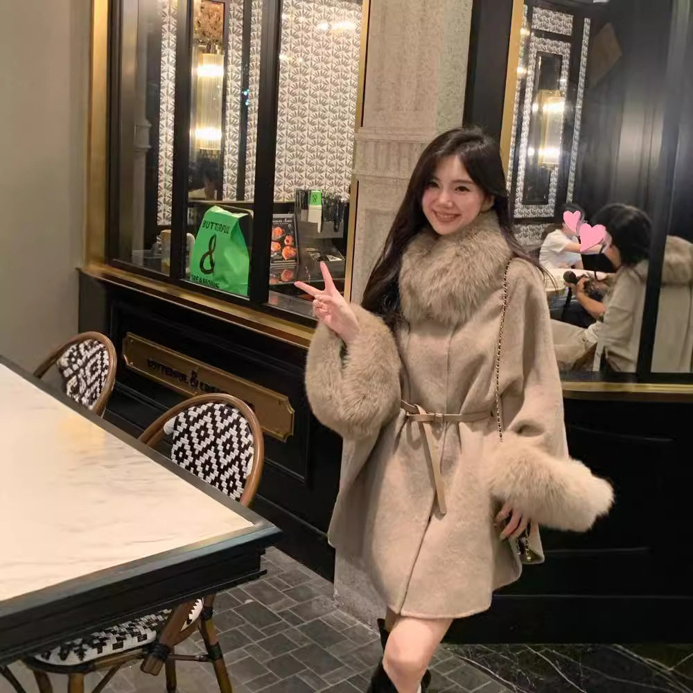 双面羊绒大衣女冬季2024年狐狸毛领斗篷披风毛呢外套毛领 保暖,女装/女士精品,毛呢外套,淘宝优惠券,粉丝福利购,淘宝优惠卷