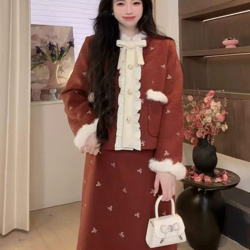 DD【馥白手信】羽绒套装女直播显瘦气质氛围羊毛呢外套小香复古冬