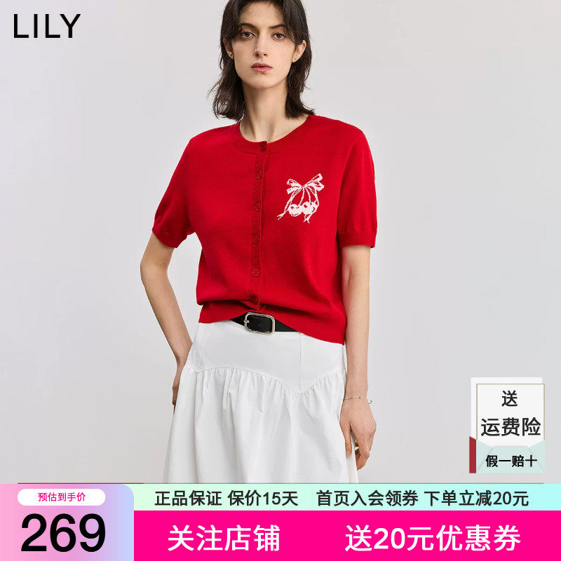 LILY2026夏新款女装简约减龄蝴蝶结樱桃刺绣圆领短袖红色针织开衫