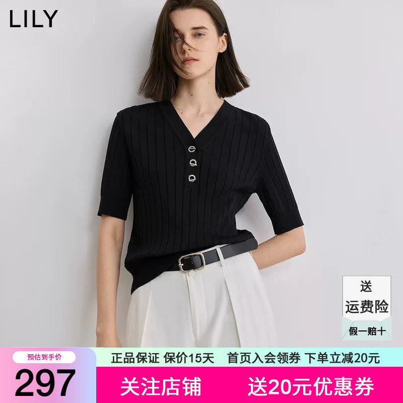 LILY2025夏新款女装经典POLO领休闲修身百搭通勤黑色短袖针织衫