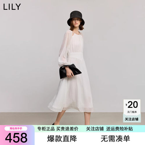 LILY2025夏新款女装法式优雅气质收腰长袖休闲通勤连衣裙小白裙