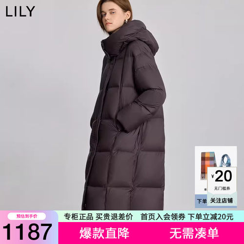 LILY2025冬新款复古连帽90鸭绒宽松休闲通勤泡芙羽绒服外套女长款