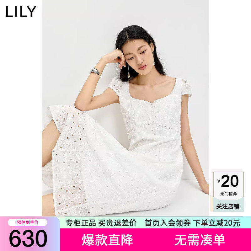 LILY2026夏新款莱赛尔混纺法式镂空绣花气质通勤白色短袖连衣裙女