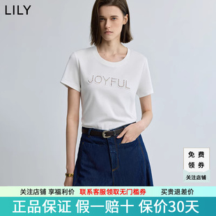 全棉简约字母烫钻休闲圆领通勤白色短袖 LILY2025秋新款 T恤上衣女