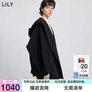 100%羊毛LILY2025冬新款 毛呢外套女 翻领休闲通勤黑色双面呢浴袍式