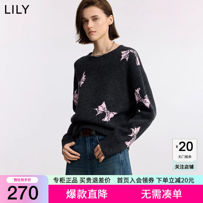 LILY2025冬新款女装含羊毛撞色蝴蝶结提花通勤圆领套头针织衫毛衣,女装/女士精品,毛针织衫,淘宝优惠券,粉丝福利购,淘宝优惠卷