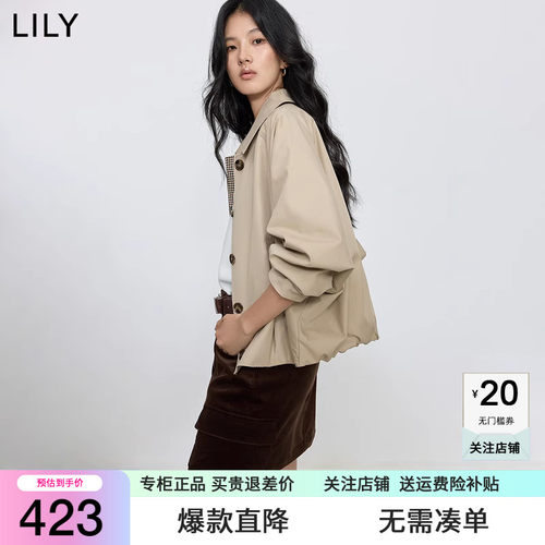 LILY2025秋新款长绒棉复古工装翻领休闲通勤卡其色夹克外套女短款