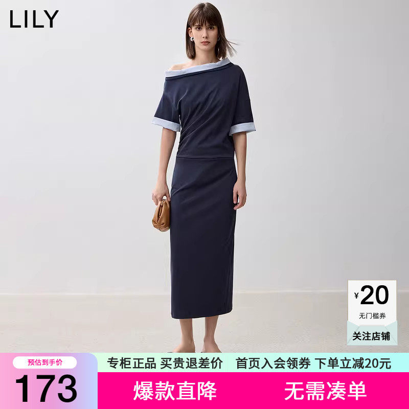 LILY2025夏新款时尚撞色袖口设计感褶皱收腰显瘦宽松直筒连衣裙子