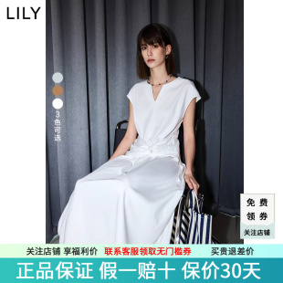 LILY2025夏季 宽肩显瘦纯色连衣裙 新品 V领收腰修饰身型遮肉小飞袖