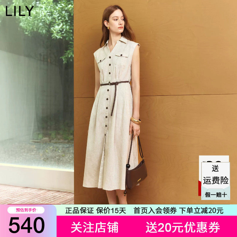 LILY2026夏新款女装莱赛尔亚麻混纺西装领收腰通勤无袖工装连衣裙 - 实物图