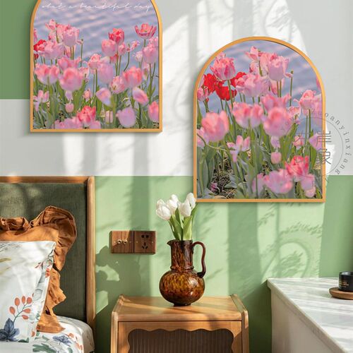 法式风粉色郁金香卉拱形饰画卧室玄关风景弧形挂画