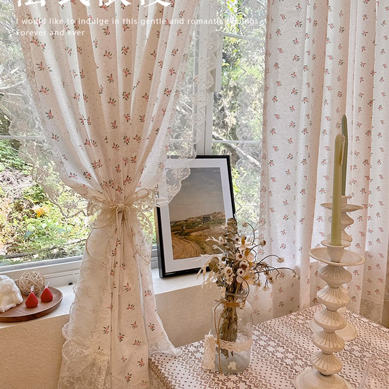 韩式田园风蕾丝刺绣花边窗帘法式浪漫粉色棉布小碎花免打孔半截帘