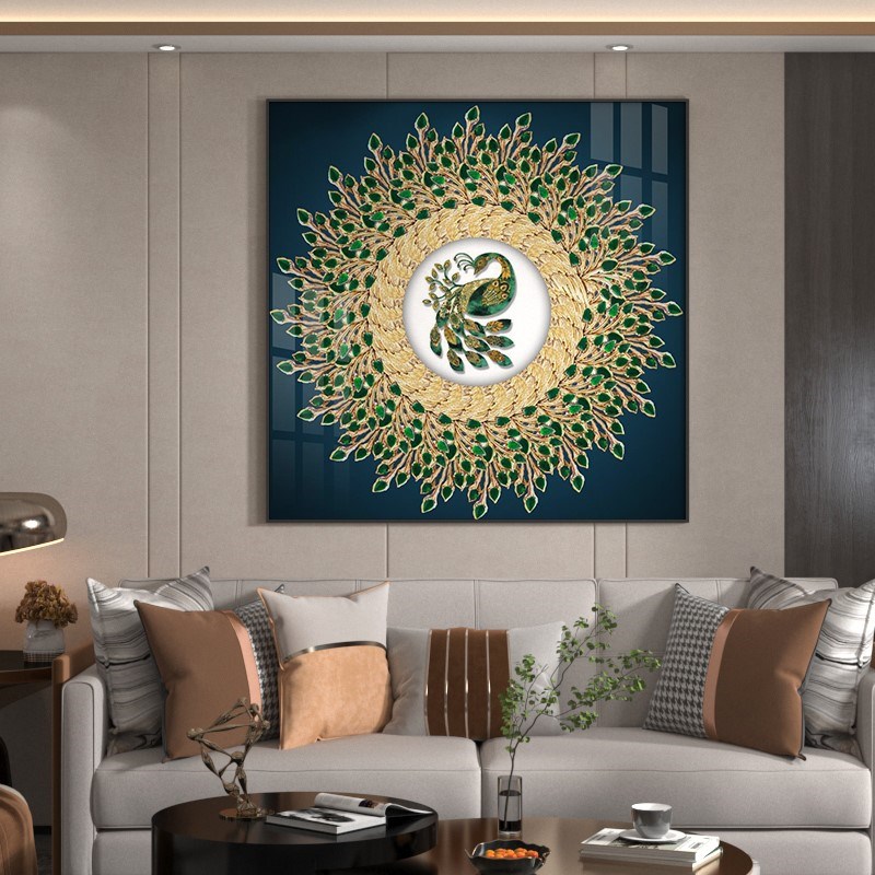 现代客厅餐厅玄关装饰画墨绿色孔雀花瓣轻奢抽象背景Y墙正方形挂图片