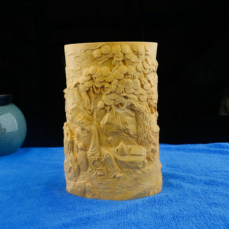 小叶黄杨木雕刻节节升竹子笔筒动物生肖牛办公室书桌工艺品