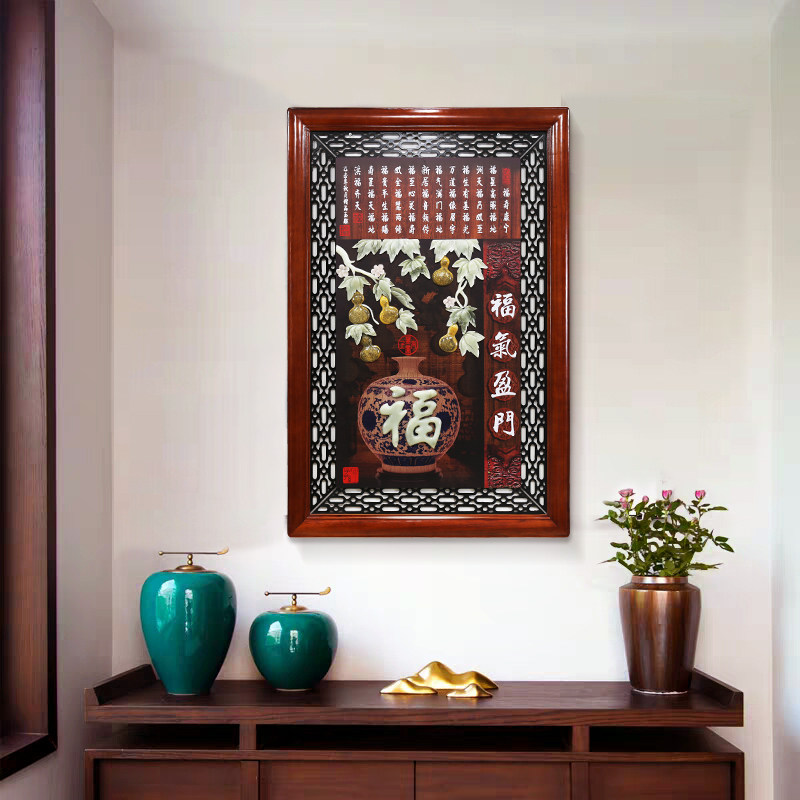 实木玉石画玉雕壁画入门玄关饰画竖走廊尽挂画大气