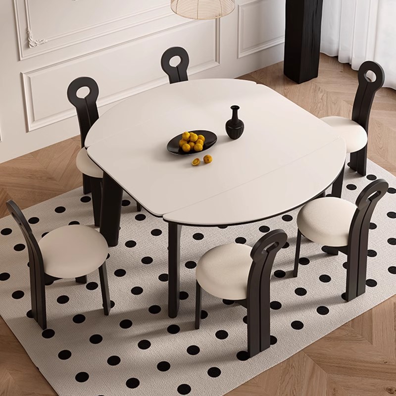 奶油风岩板复古实木餐桌椅小户型餐厅方圆两用饭桌可伸缩