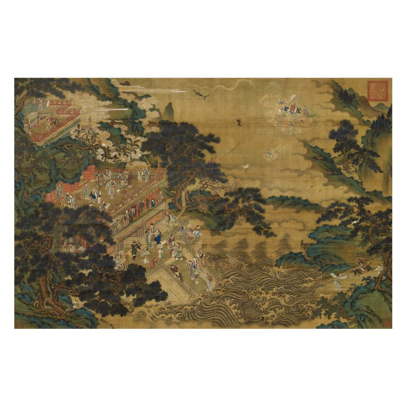 仇英群仙会祝图 传统吉祥人物画临摹范本 中式装饰画艺术绢布画心