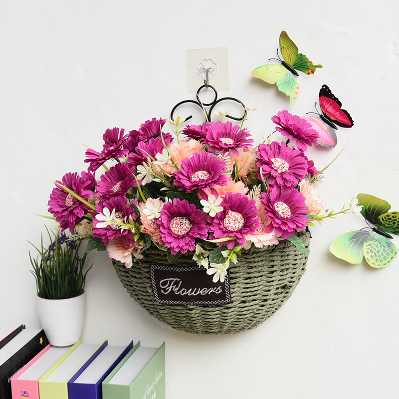 墙面壁挂装饰花篮墙上花盆挂件藤编仿真假花装欧式创意客厅