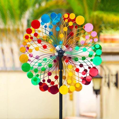 花园庭院铁艺旋转双面彩色风车户外阳台院子造景装饰摆件落地模型