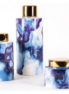 蓝紫色陶瓷浮笔文墨带盖花瓶罐子摆件 欧式客厅现代简约创意饰品