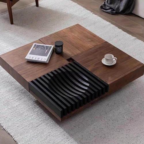 复古风北美黑胡桃实木茶几可储物正方形中古风茶几 黑胡桃色茶几
