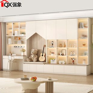 奶油风去客厅化书柜书桌一体组合定制满墙书架卡座储物柜到顶F79