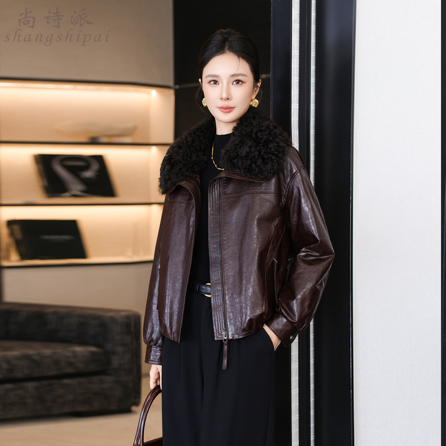 海宁羊羔毛领真皮短款皮衣女冬季