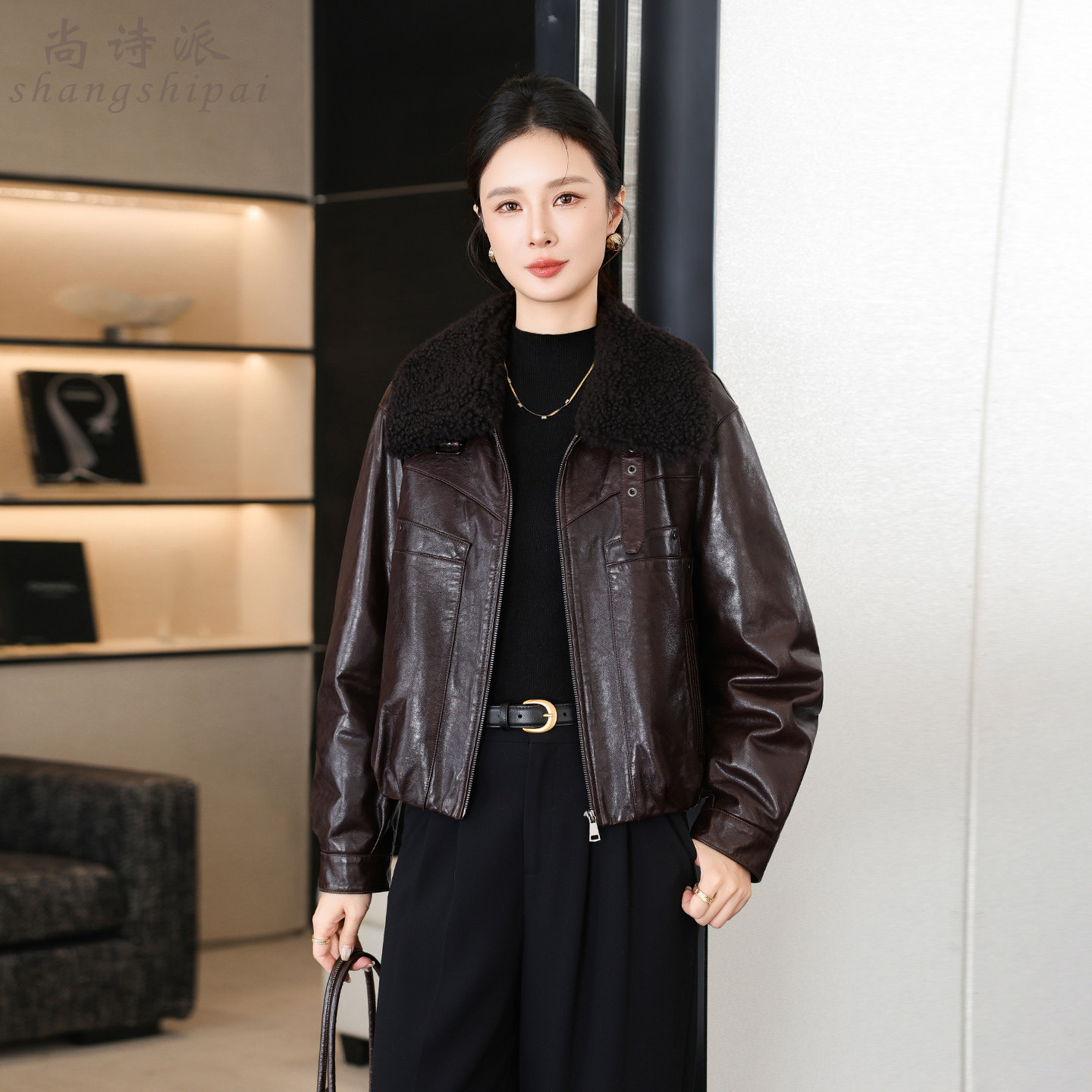 真皮绵羊皮90鹅绒女短款机车夹克