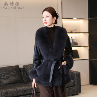 海宁2025新款鹅绒服真皮绵羊皮狐狸毛羽绒服中长款收腰皮草外套女