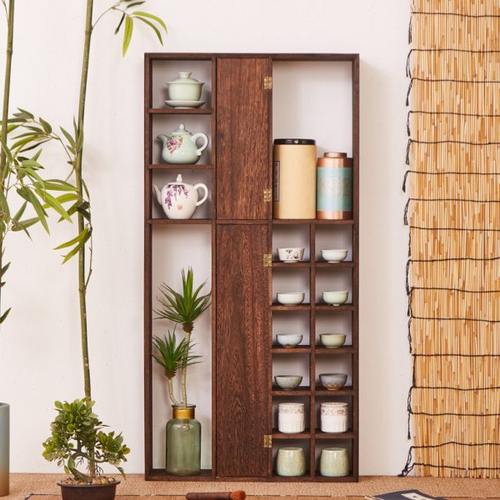 烧桐木博古架实木中式茶杯架壁挂式茶具置物架墙上隔断收纳架客厅