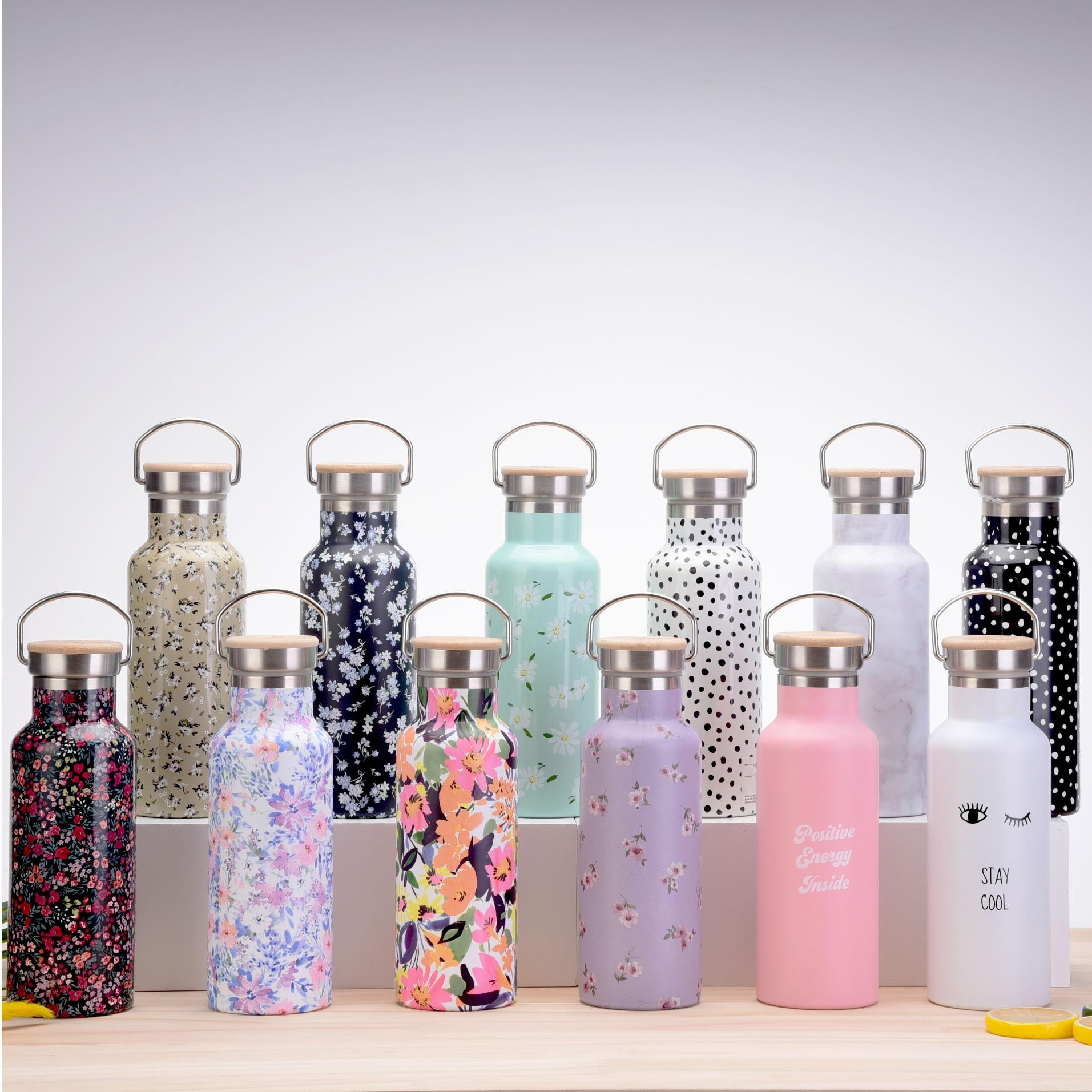 2025新款跨境304保温杯田园风印花水杯竹盖提手便携运动水壶