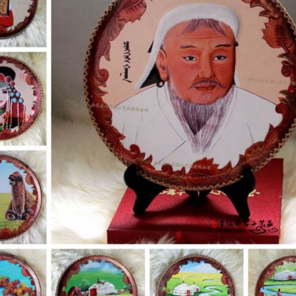 画成吉蒙古包摆台思摆件皮圆形装饰画客厅工艺品民族画内蒙特色汗图片