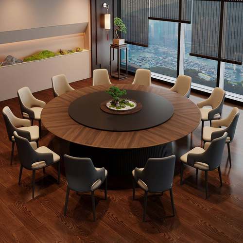 新中式酒店电动大圆桌带岩板转盘2米饭店商用家用桌椅20人圆餐桌