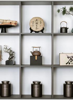 样板间茶室博古架茶盒茶袋茶饼装饰摆饰新中式茶叶罐茶柜软装摆设