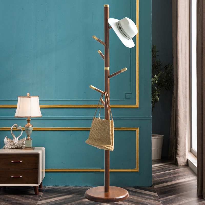 新中式实木衣帽架落地卧室挂衣架黄铜轻奢北欧简约创意家用衣服架
