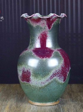 禹州钧瓷花瓶绿色炉钧传统手拉坯手工简约花口陶瓷插花器装饰摆件