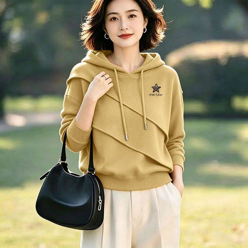 2026秋季纯棉连帽长袖卫衣女秋冬新款印花大码不规则连帽宽松上衣