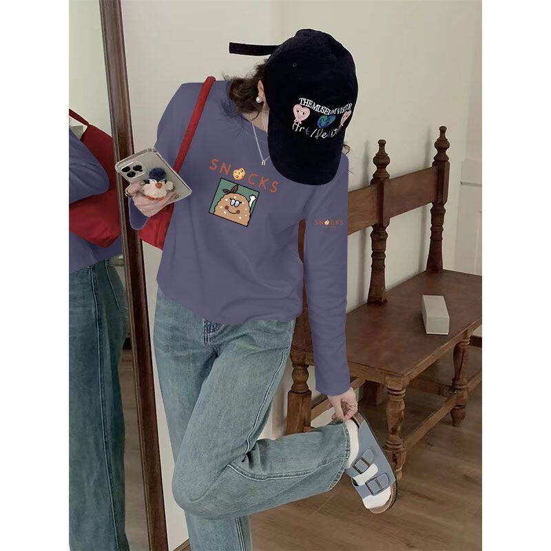 薄款100%纯棉圆领长袖T恤女春秋新款减龄休闲短款洋气印花上衣ins