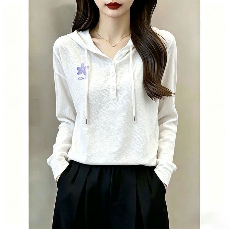竹节棉长袖潮流T恤女2026秋季显瘦百搭韩版纽扣洋气连帽上衣T恤衫