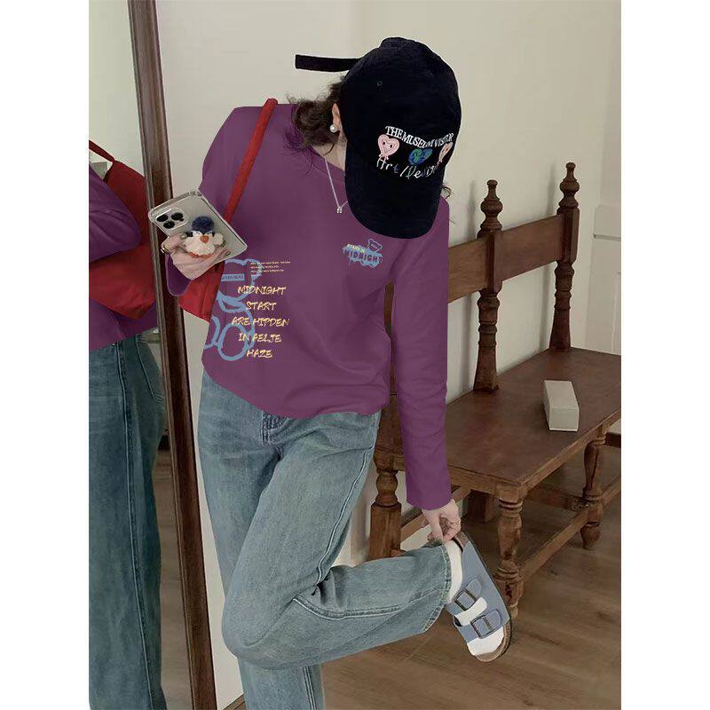 100%纯棉圆领长袖t恤女新款春秋短款薄款小个子减龄休闲上衣服ins