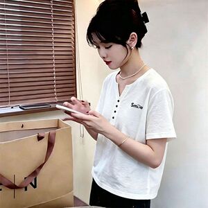精品纯棉短袖t恤女夏装时尚新款宽松气质V领竹节棉纽扣上衣体恤