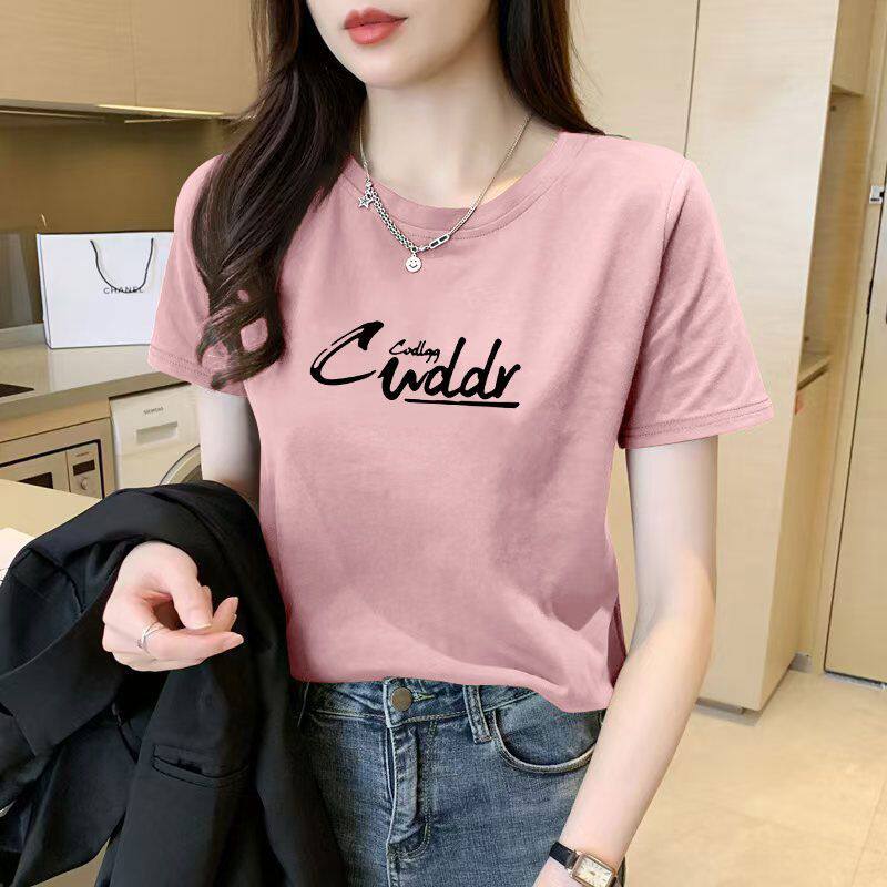 夏季纯棉女士短袖t恤新款大码圆领设计感潮流英文印花休闲上衣ins