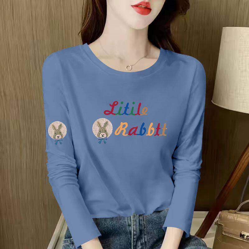 100%纯棉圆领长袖T恤女春秋爆款潮流气质圆领简约洋气大码上衣ins