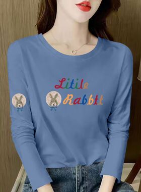 100%纯棉圆领长袖T恤女春秋爆款潮流气质圆领简约洋气大码上衣ins